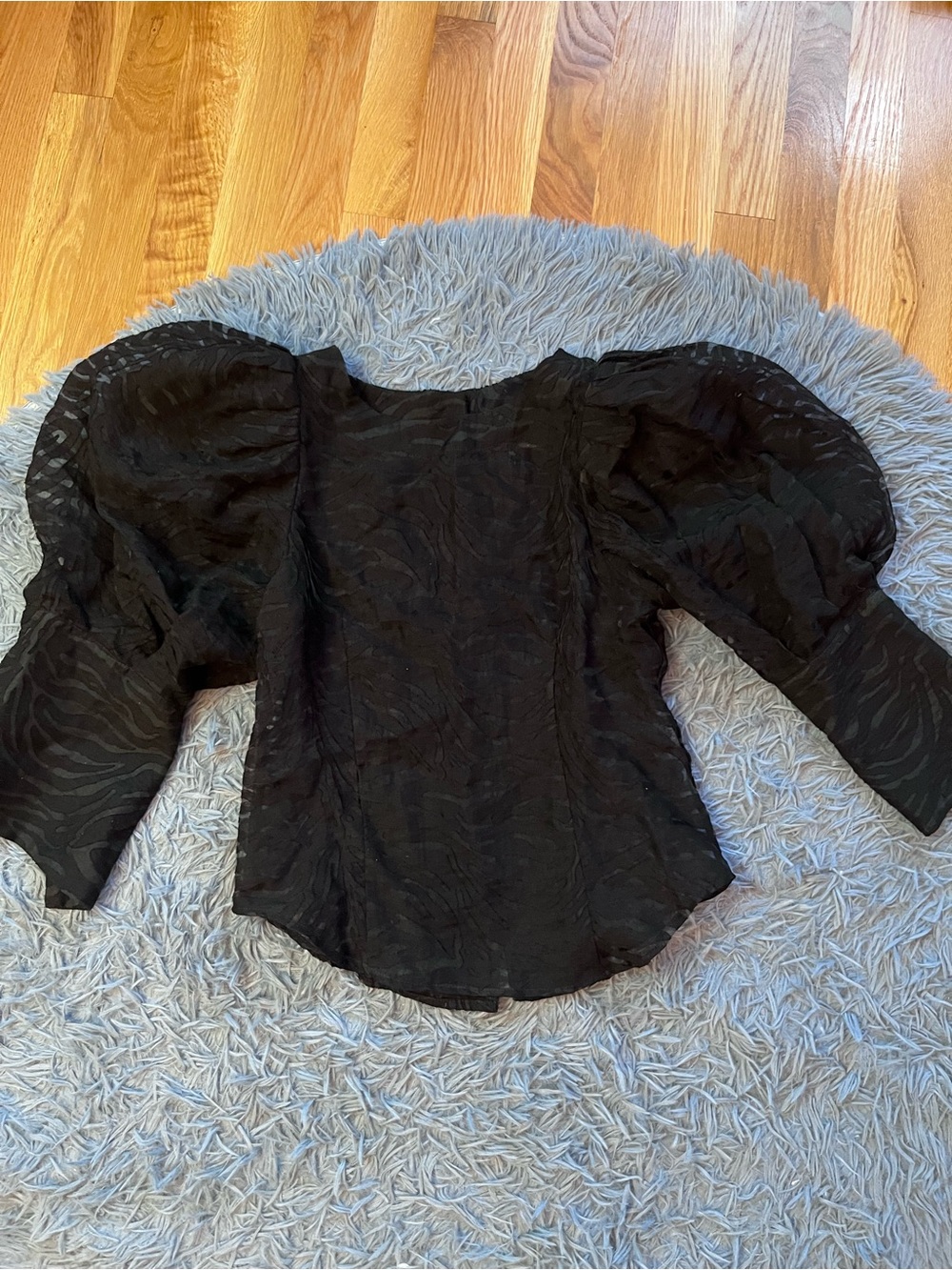 Gracia Black Puff Sleeve Blouse Elegant Sheer Detail Size S